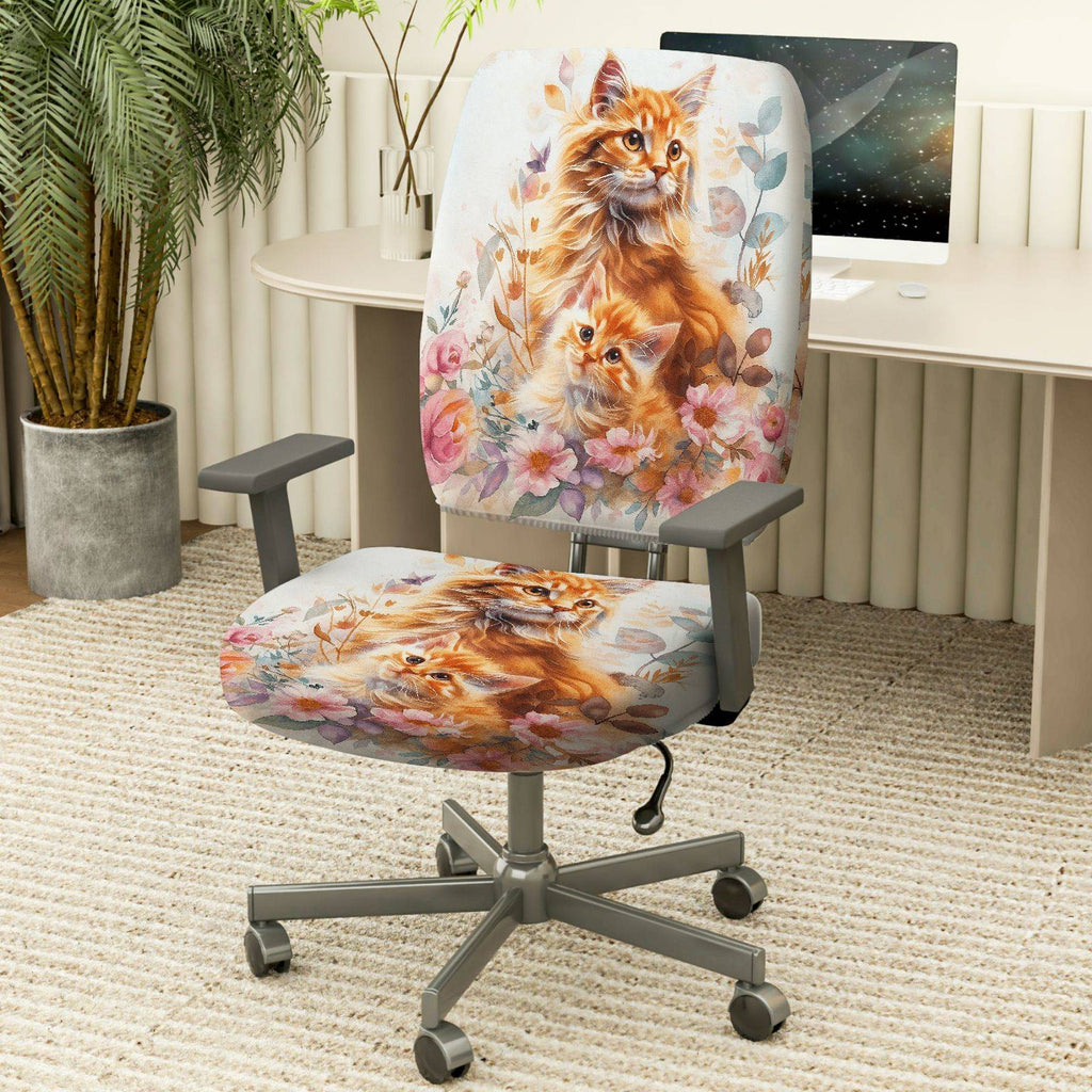 2-Piece Cute Floral Cat Animal Art  Computer Chair Cover Set, Seat and Backrest