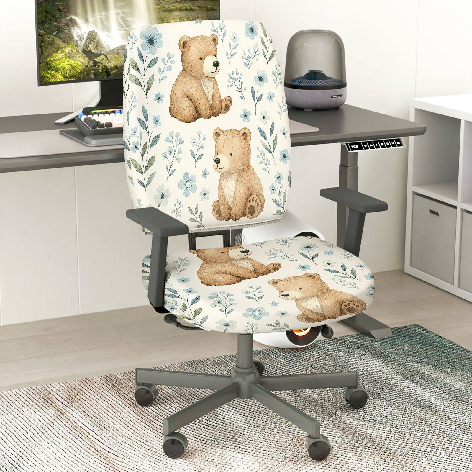 2-Piece Cute Bear Floral Nature Decorative  Computer Chair Cover Set, Seat and Backrest