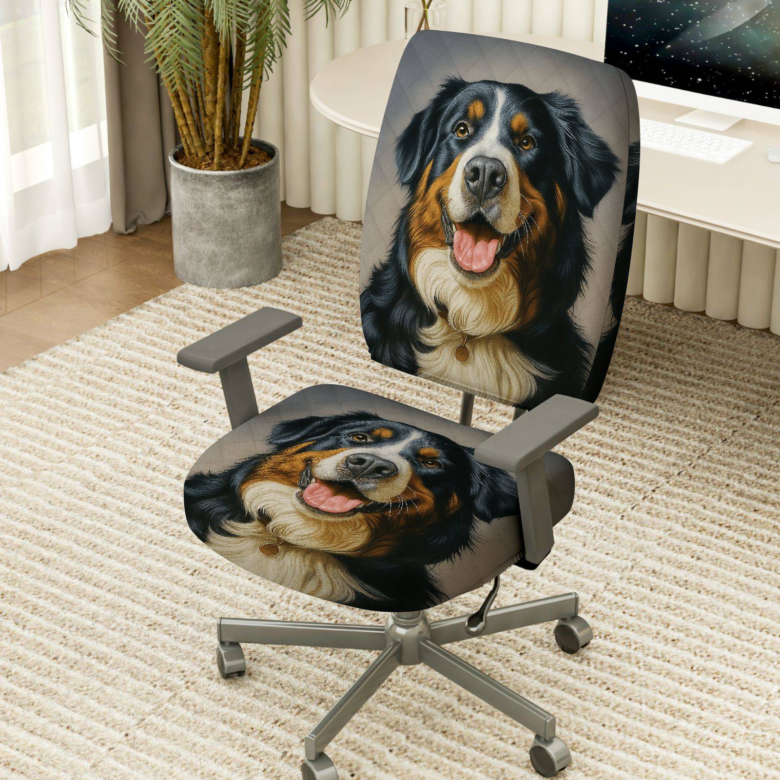 2-Piece Dog Print Animal Theme Cute Home  Computer Chair Cover Set, Seat and Backrest