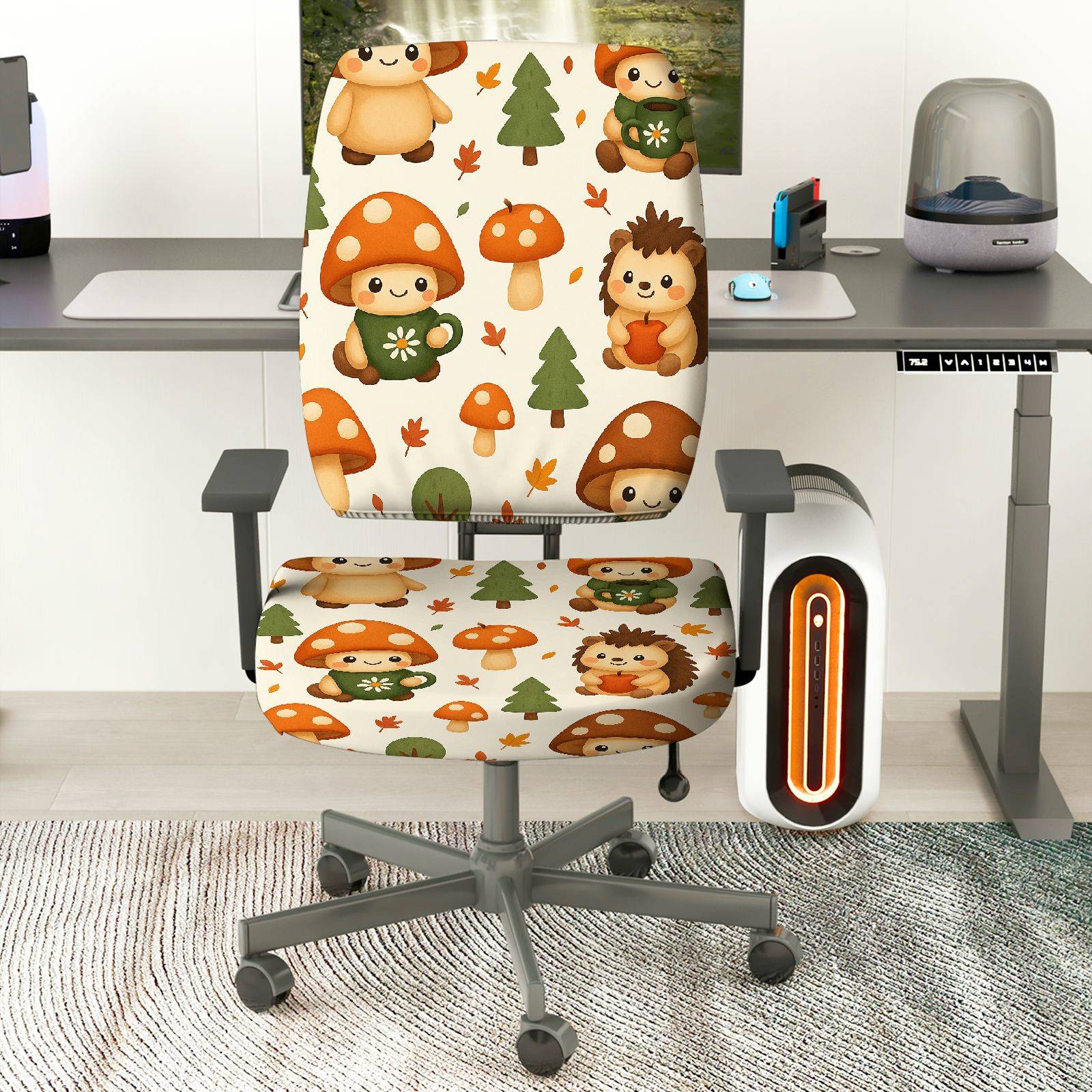 2-Piece Cute Forest Animal Mushroom Tree Hedgehog  Computer Chair Cover Set, Seat and Backrest
