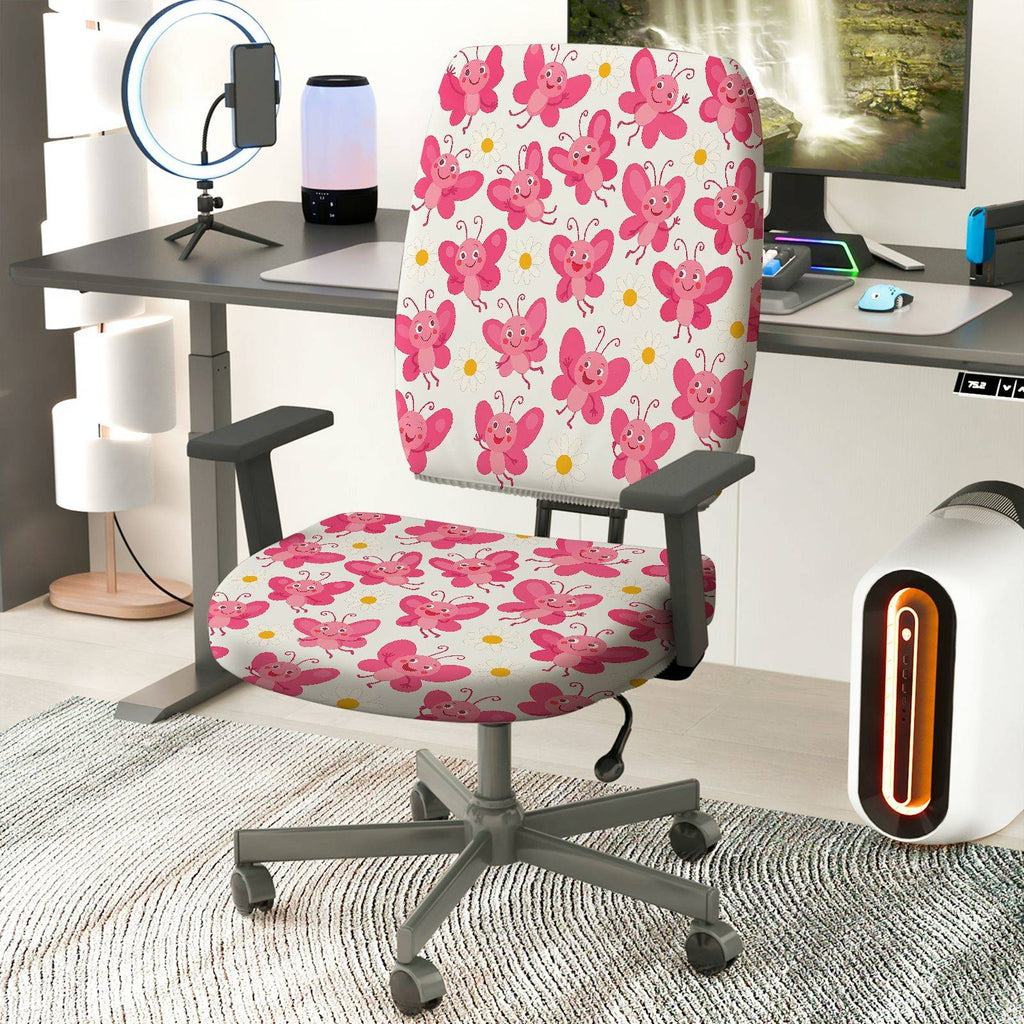2-Piece Pink Butterfly Floral Cute  Computer Chair Cover Set, Seat and Backrest
