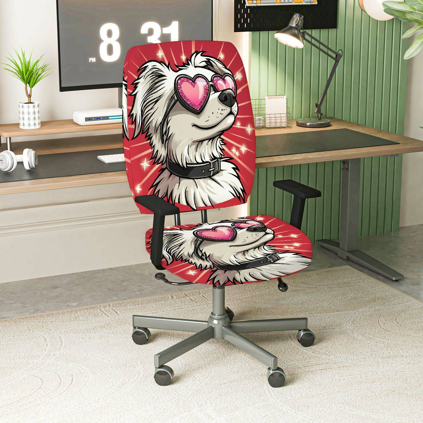 2-Piece Cute Dog Heart Sunglasses Red Animal  Computer Chair Cover Set, Seat and Backrest
