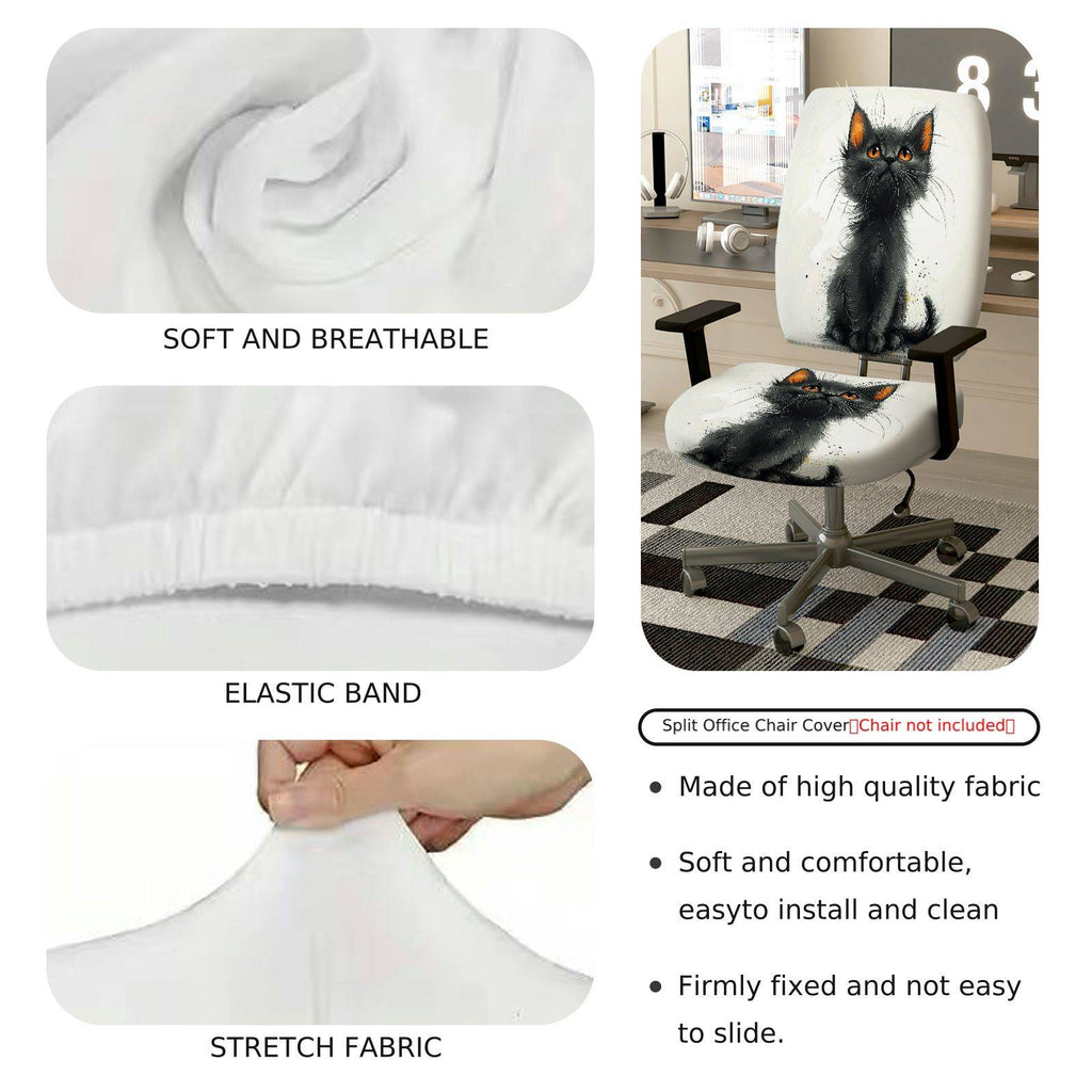 2-Piece Cute Cat Graphic Black Kitten Print Artistic Design  Computer Chair Cover Set, Seat and Backrest