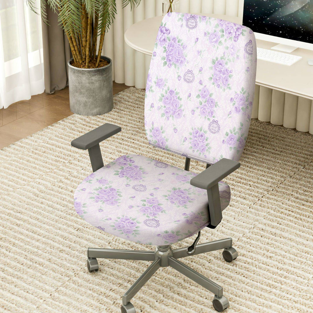 2-Piece Floral Purple Gray Pattern Decorative  Computer Chair Cover Set, Seat and Backrest