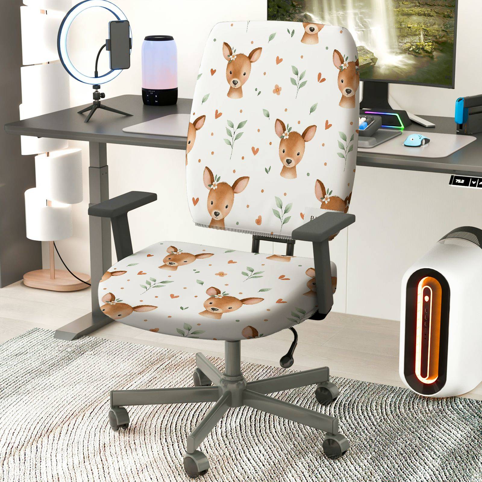 2-Piece Cute Deer Pattern Printed Heart Floral  Computer Chair Cover Set, Seat and Backrest