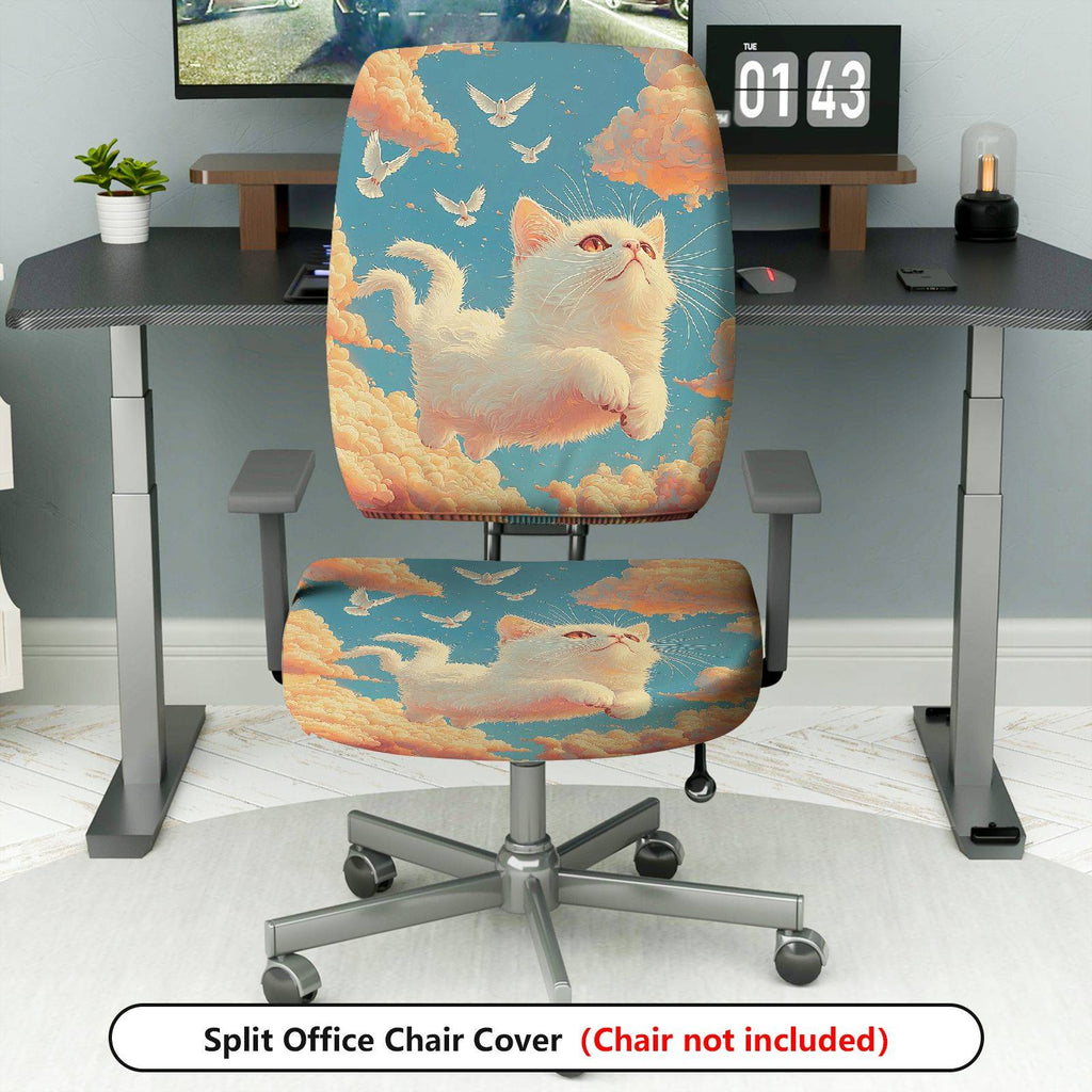 2-Piece Cute Cat Sky Clouds Birds  Computer Chair Cover Set, Seat and Backrest