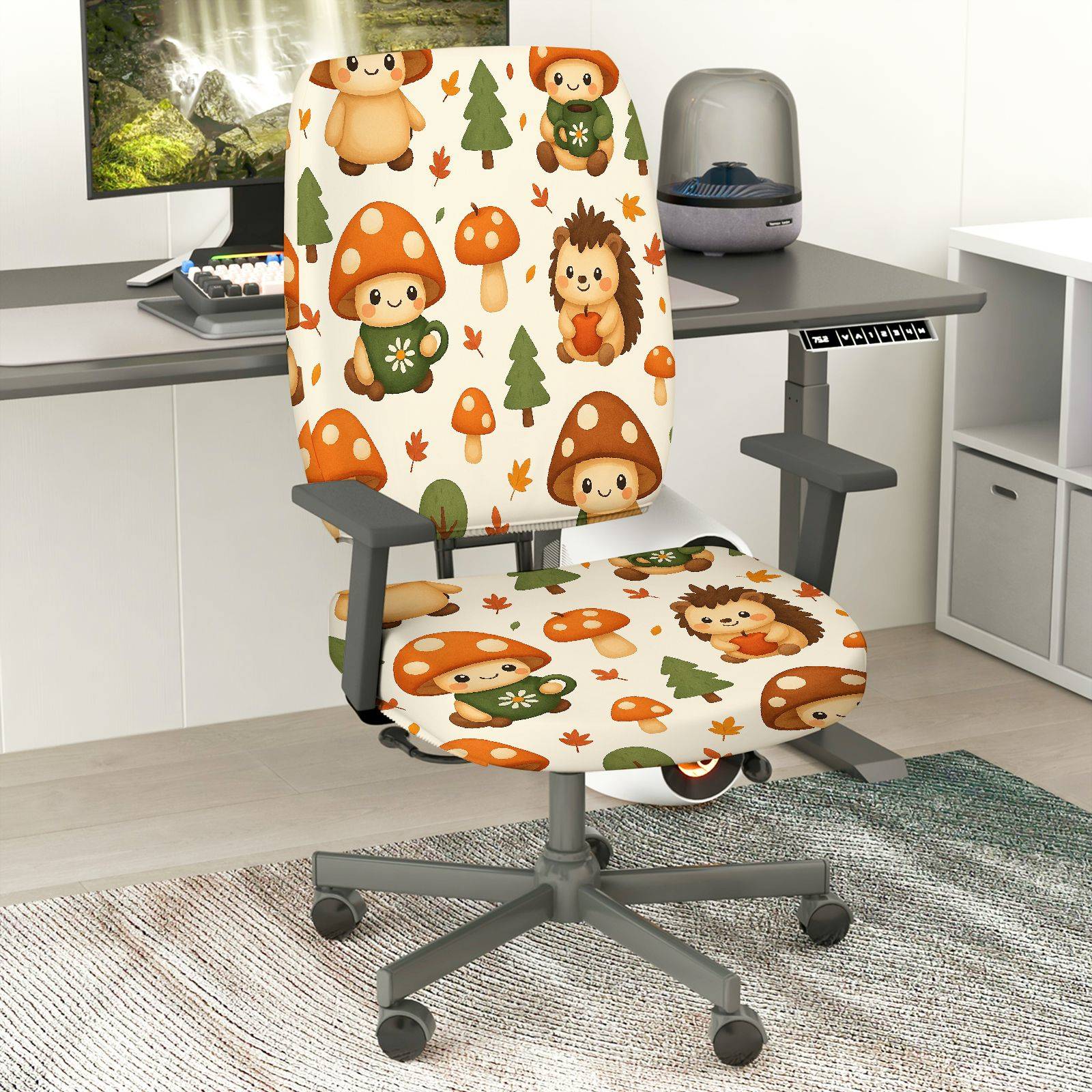 2-Piece Cute Forest Animal Mushroom Tree Hedgehog  Computer Chair Cover Set, Seat and Backrest