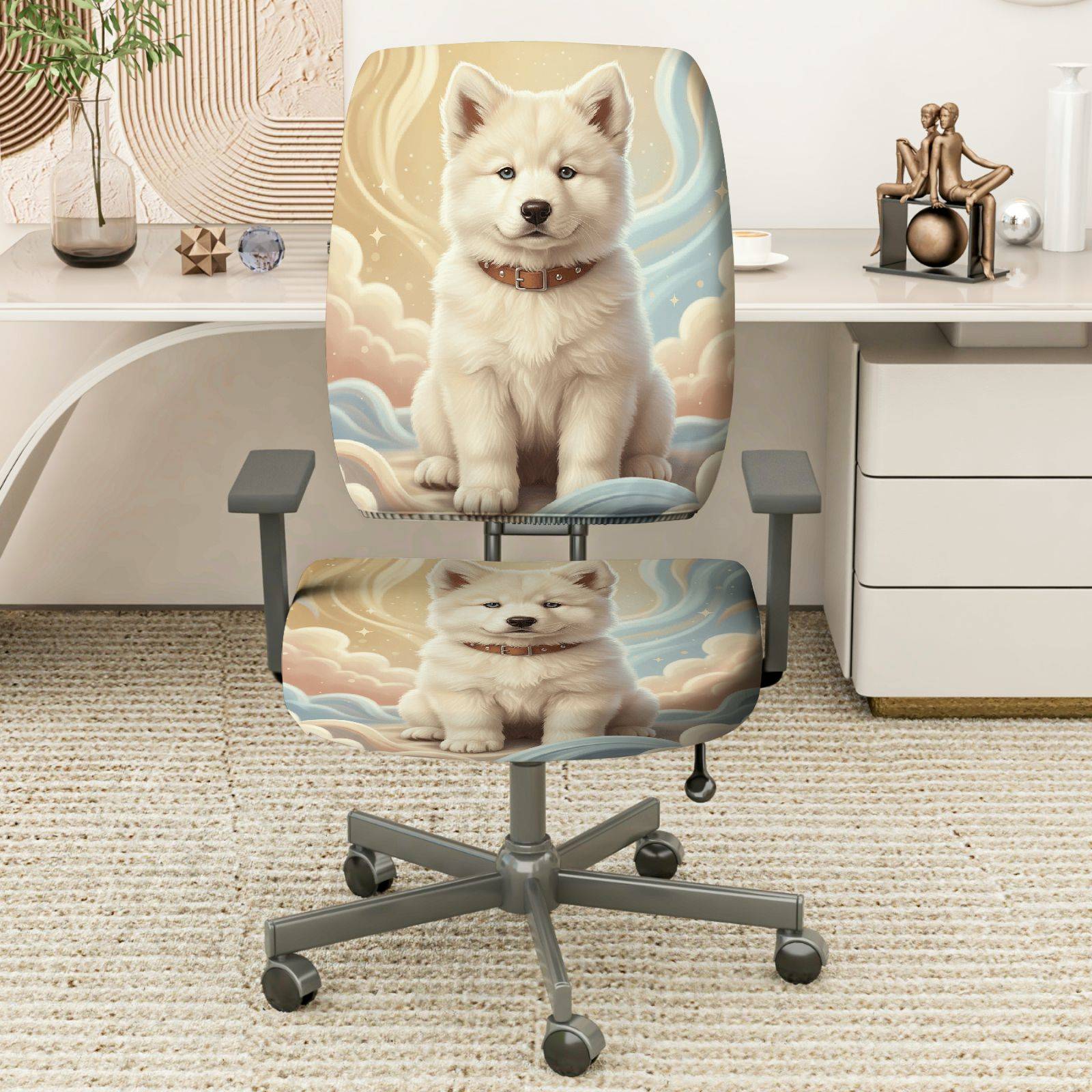 2-Piece Cute Dog Cloud Fantasy Dream Art  Computer Chair Cover Set, Seat and Backrest