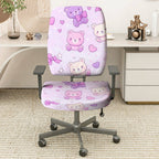 2-Piece Cute Teddy Bear Pink Hearts Stars Bow  Computer Chair Cover Set, Seat and Backrest