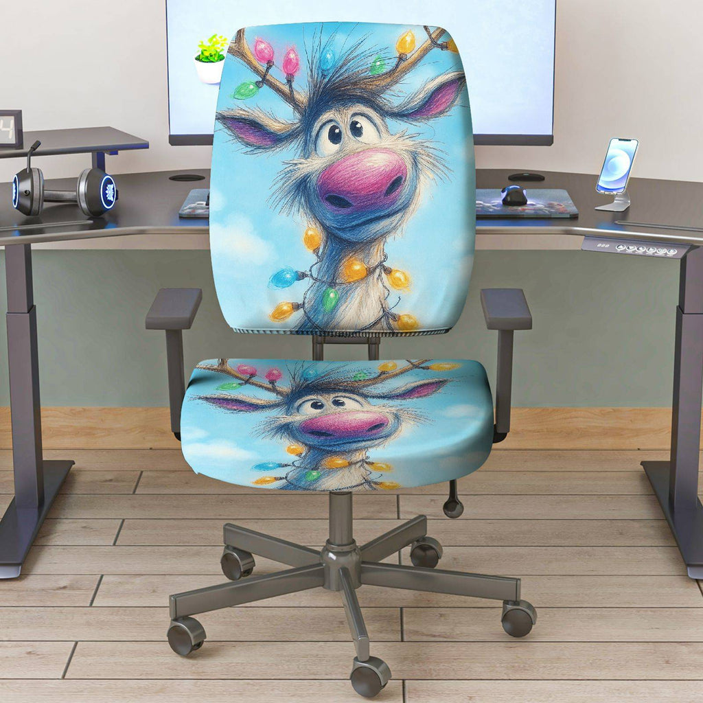 2-Piece Christmas Reindeer Blue Holiday Fun  Computer Chair Cover Set, Seat and Backrest