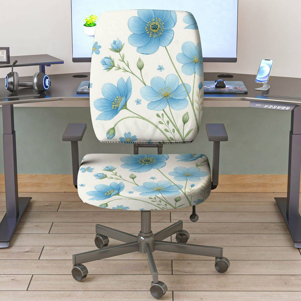 2-Piece Floral Pattern Blue Flowers  Computer Chair Cover Set, Seat and Backrest