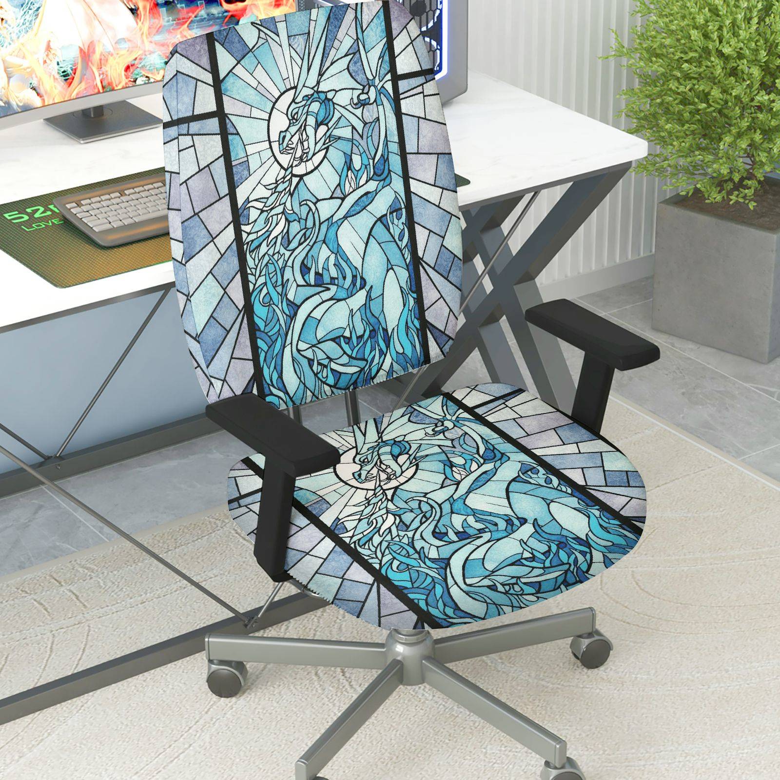 2-Piece Abstract Geometric Art Stained Glass Unicorn Blue  Computer Chair Cover Set, Seat and Backrest