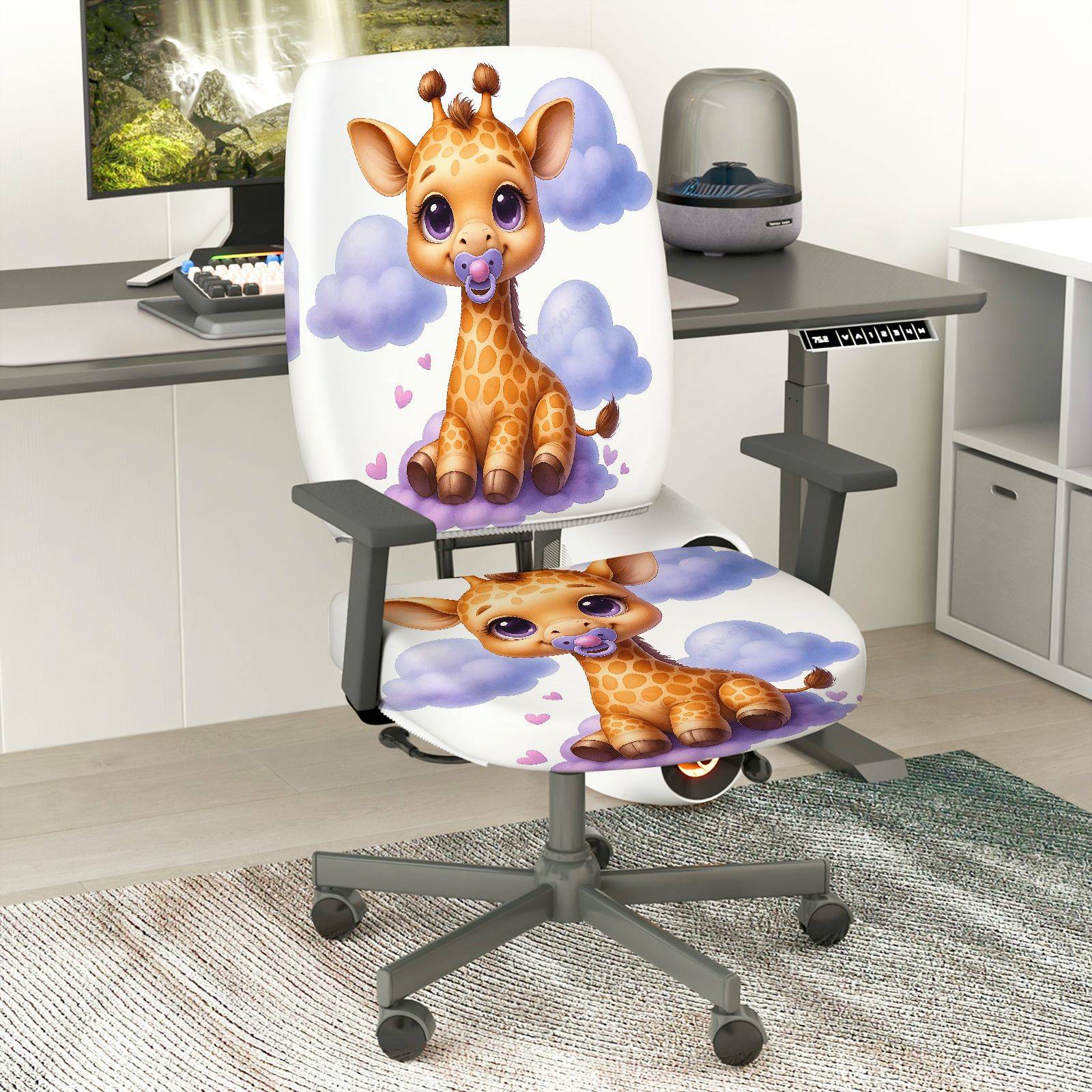 2-Piece Cute Giraffe Clouds Hearts Animal  Computer Chair Cover Set, Seat and Backrest
