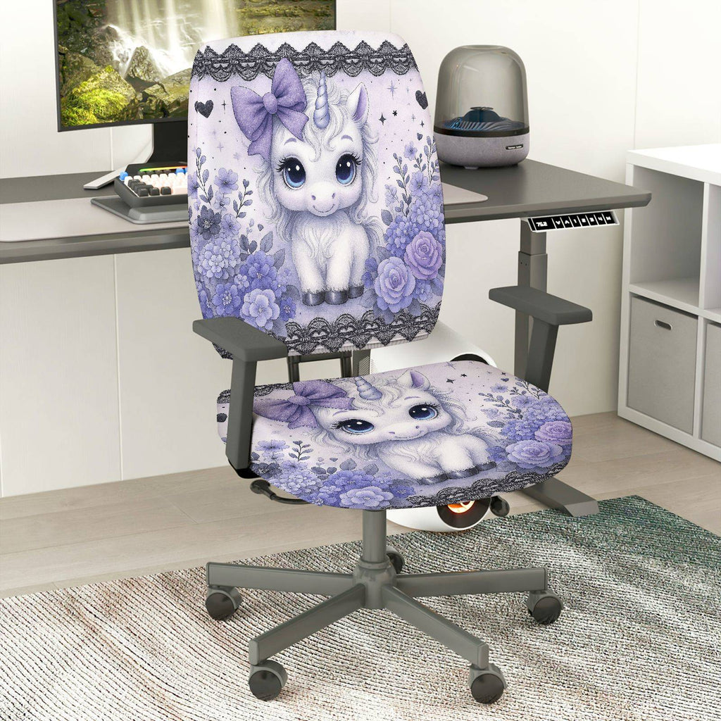 2-Piece Unicorn Floral Cute Purple Fantasy  Computer Chair Cover Set, Seat and Backrest