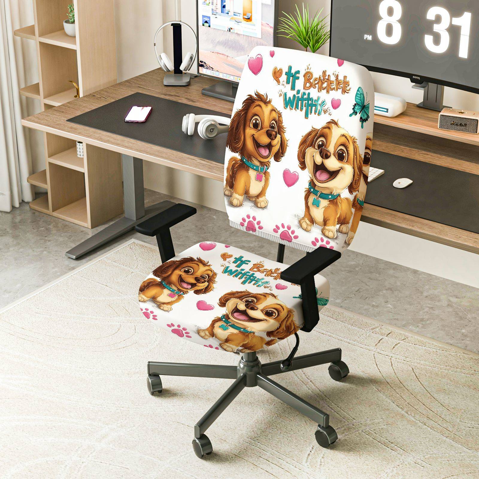 2-Piece Dog Paw Heart Butterfly  Computer Chair Cover Set, Seat and Backrest