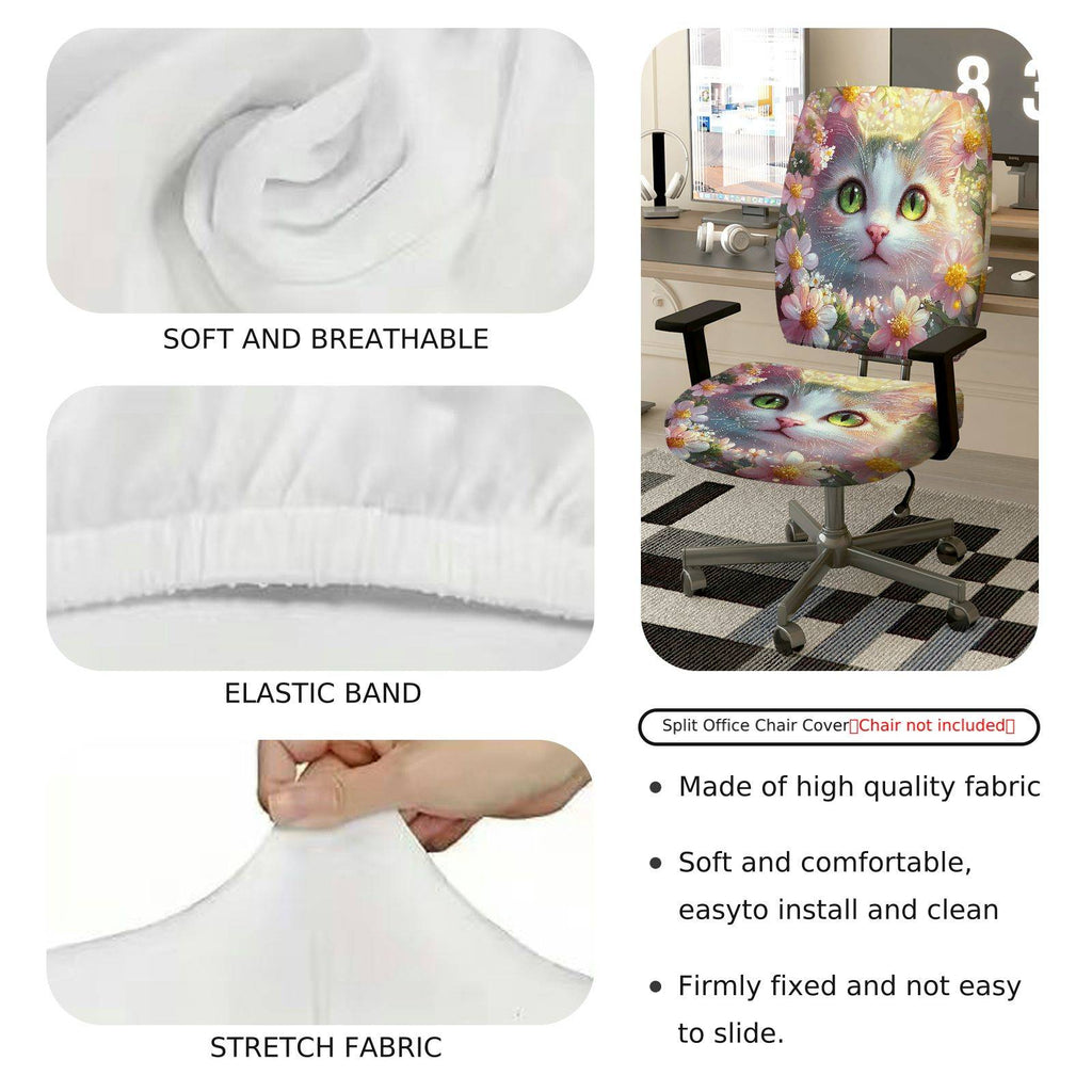 2-Piece Cute Cat Floral Spring Green Eyes Fantasy  Computer Chair Cover Set, Seat and Backrest