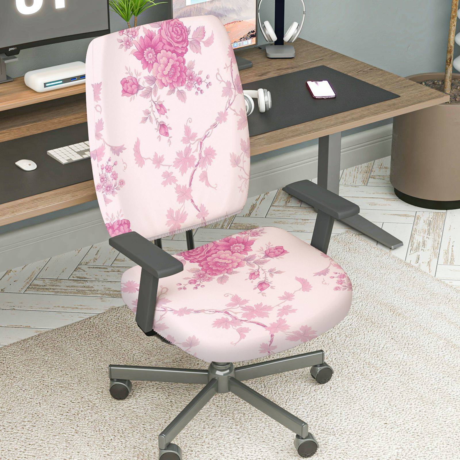 2-Piece Floral Pink Leaf Flower Pattern  Computer Chair Cover Set, Seat and Backrest