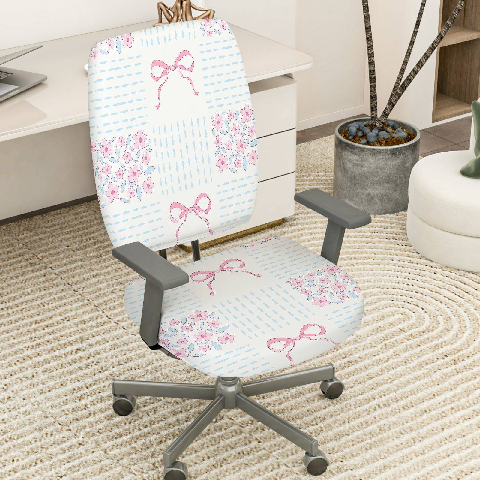 2-Piece Floral Bowknot Pastel Cute Decorative  Computer Chair Cover Set, Seat and Backrest