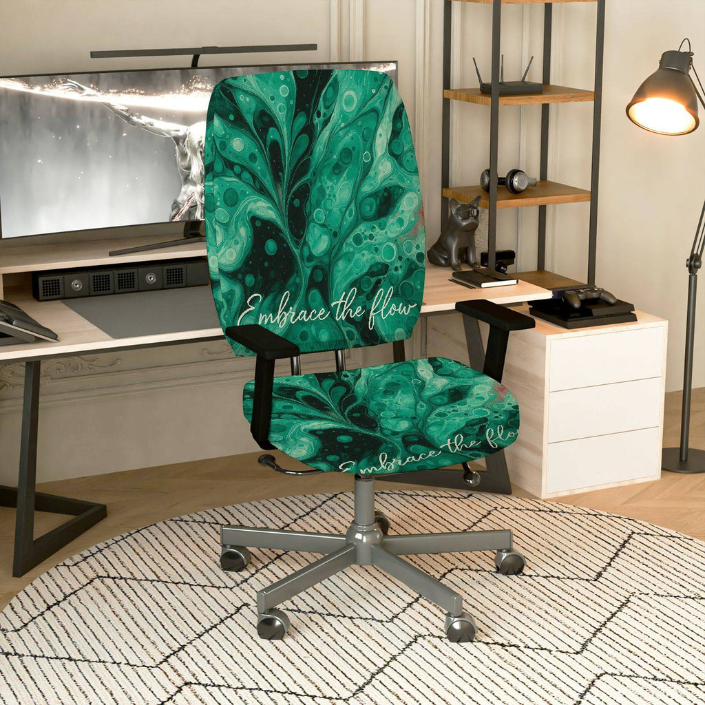2-Piece Abstract Deep Green Artistic Inspirational Modern  Computer Chair Cover Set, Seat and Backrest